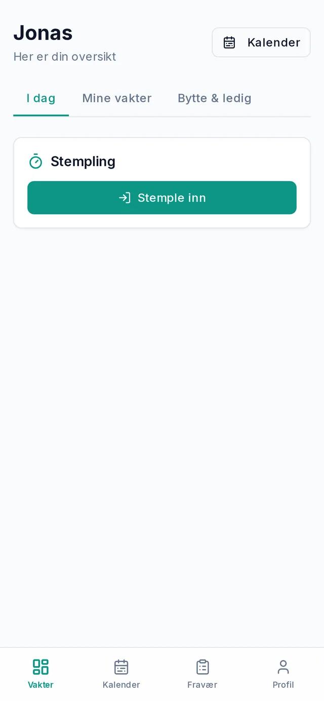 Skifty på mobil — ansatt-visning med stempling