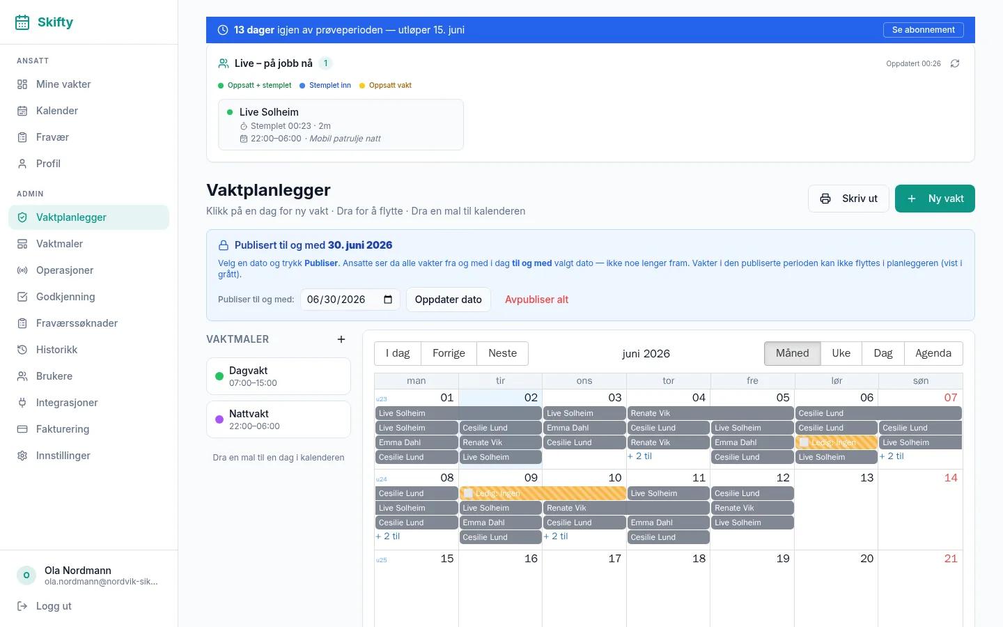 Live-panel med aktive stemplinger